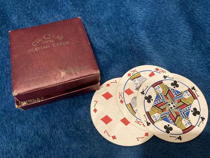 Vintage Cir-Q-Lap playing cards with box on blue fabric