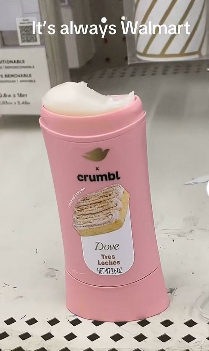 Pink Dove Tres Leches deodorant stick with Walmart shelf background