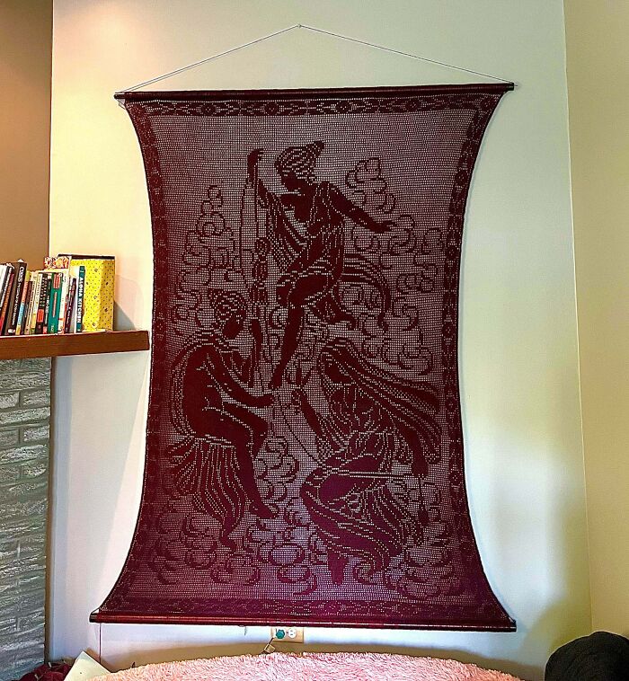 Large crochet tapestry wall hanging with artistic figures