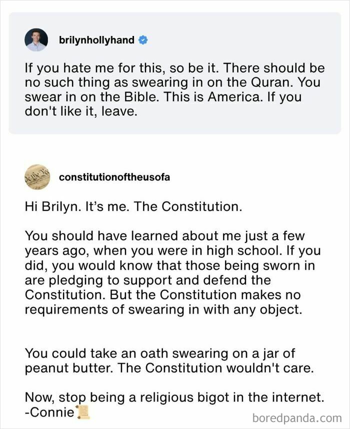 Tweet defending swearing in on the Bible with Constitution's reply on oath requirements