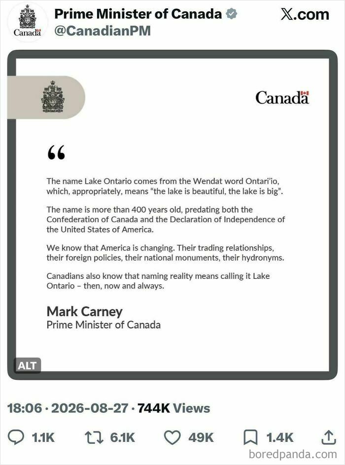 Canadian Prime Minister explains Lake Ontario name origin and its historical significance