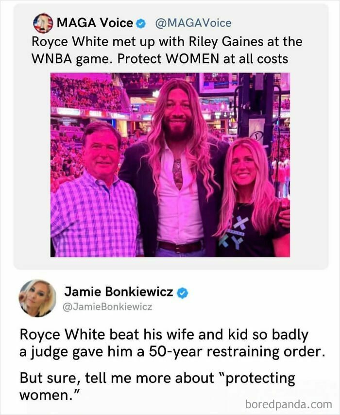 Tweet criticizing Royce White meeting Riley Gaines with claim about domestic a***e and protecting women