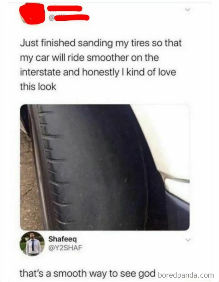 Photo of bald tire with tweet about sanding tires to ride smoother and sarcastic reply