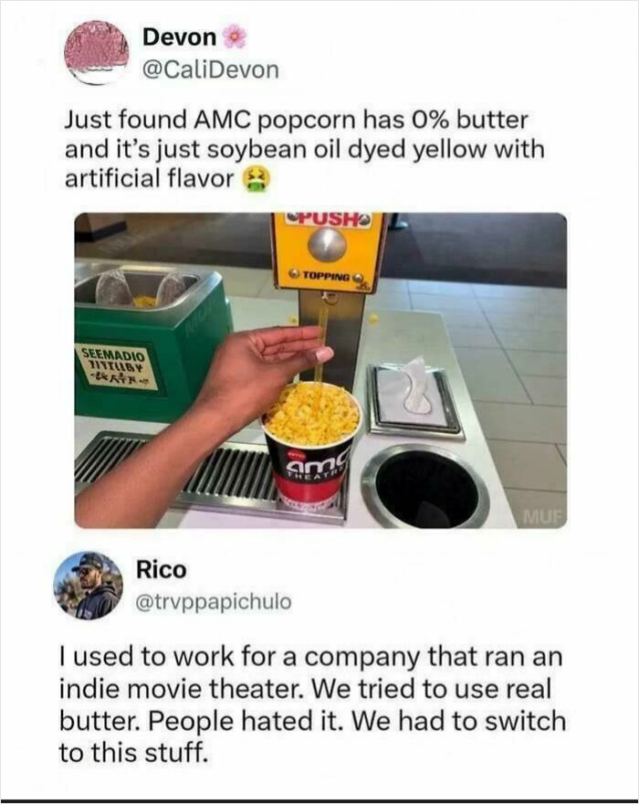Tweet reveals AMC popcorn contains no butter, just dyed soybean oil, with insider explaining.