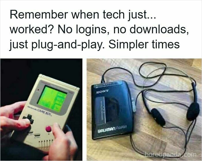 90s nostalgic memes vintage tech devices including Game Boy, Walkman, and VHS player