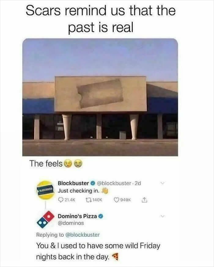 90s nostalgic Blockbuster building with taped sign and Domino's Pizza tweet