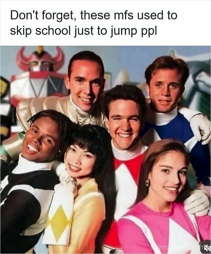 90s nostalgic memes showing original Power Rangers team in colorful costumes smiling