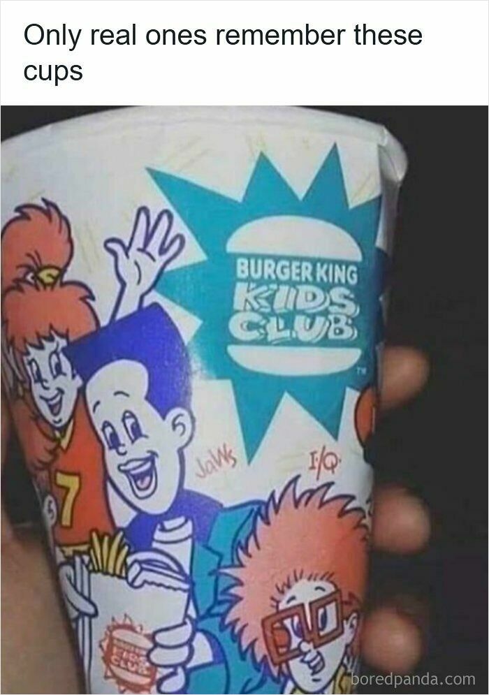 90s nostalgic memes featuring Burger King Kids Club cup from childhood