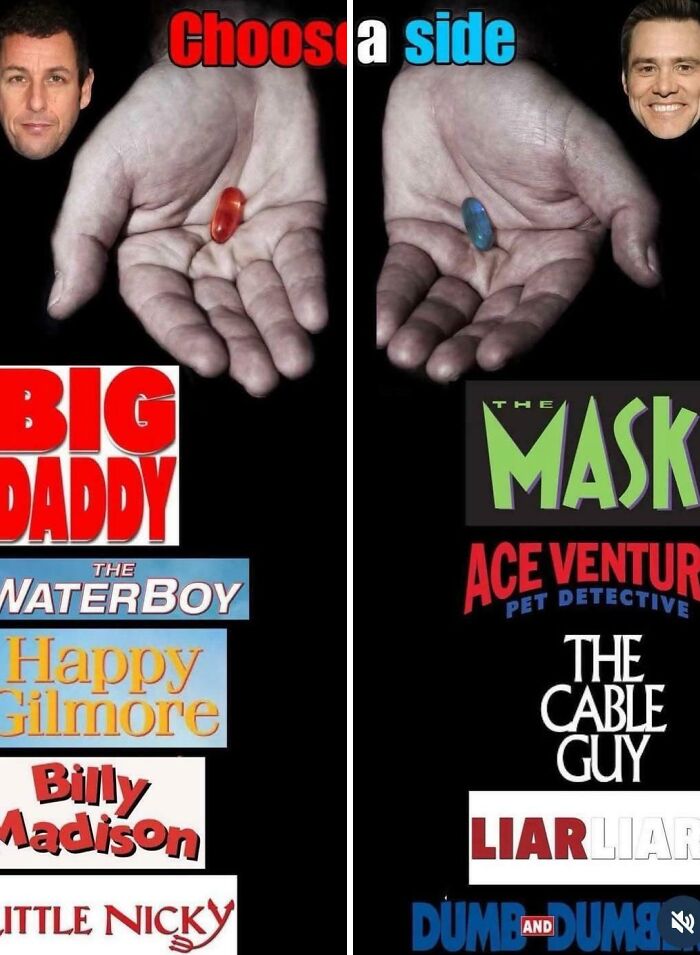 90s nostalgic memes with hand choosing between movie titles Big Daddy and The Mask