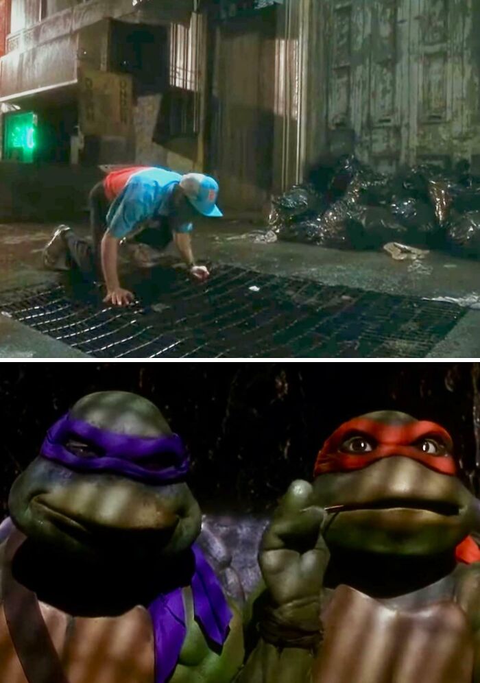 Scene from 90s nostalgic memes showing a man and Teenage Mutant Ninja Turtles