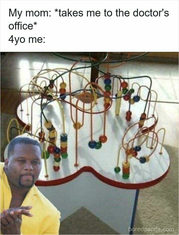 90s nostalgic memes with kid playing with bead maze at doctor's office