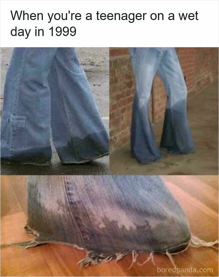 Wet and frayed 90s jeans as a teenager in 1999 on a rainy day