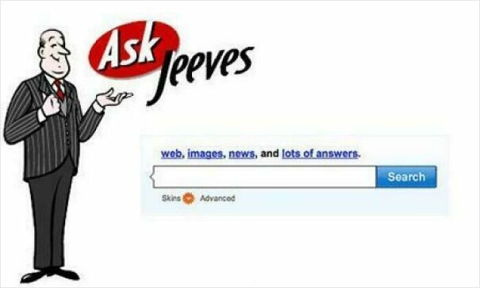 Ask Jeeves 90s nostalgic search engine homepage with cartoon butler mascot