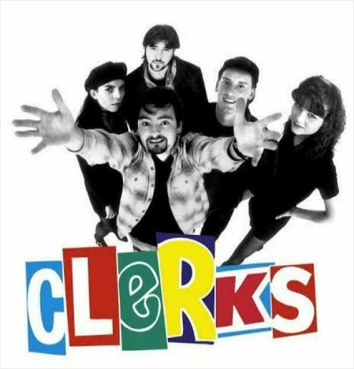 Clerks movie 90s black and white photo of cast with colorful title