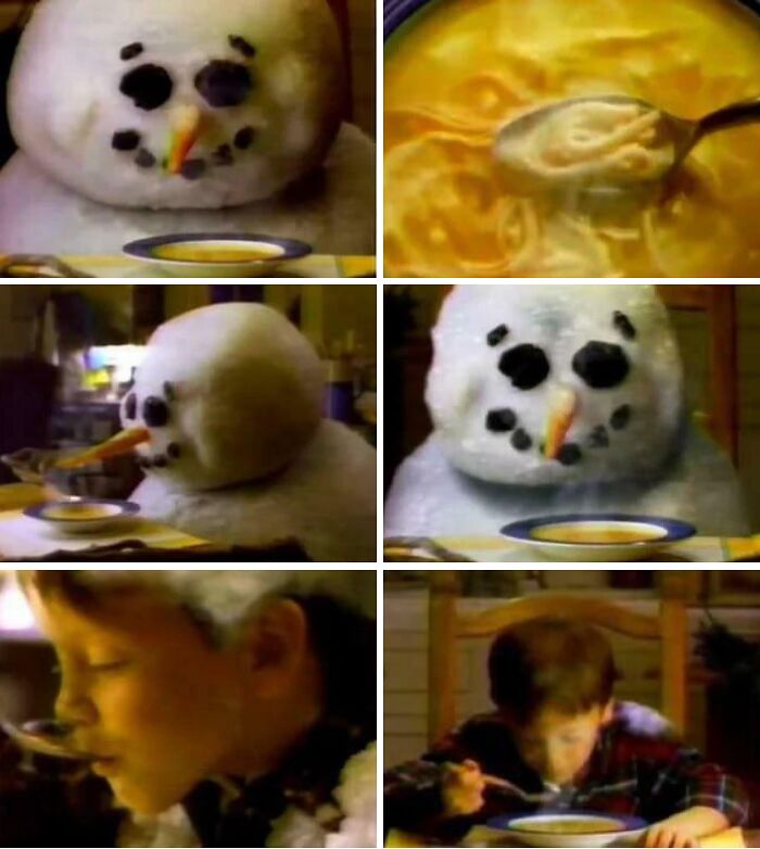 90s nostalgic memes featuring snowman character eating soup scenes