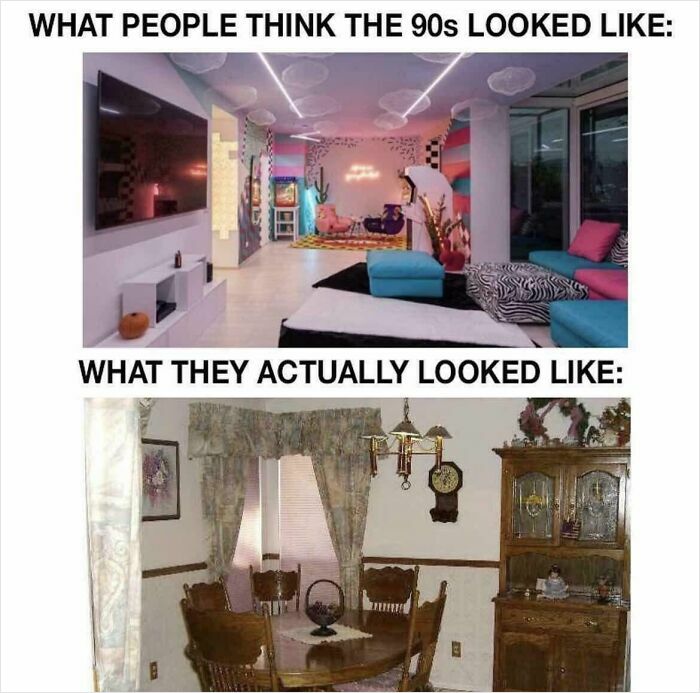 90s nostalgic memes contrast between imagined and actual 90s living room decor
