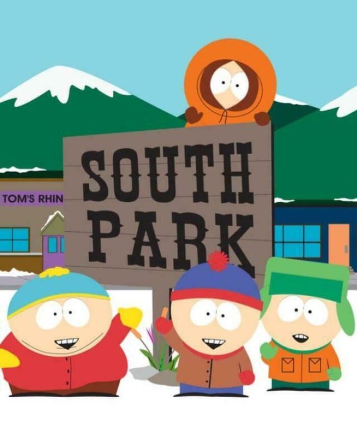South Park cartoon characters with South Park sign in snowy mountain background