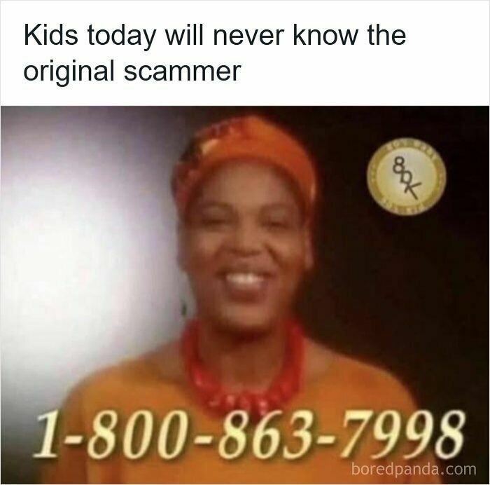 90s nostalgic meme about original scammer with vintage photo and phone number
