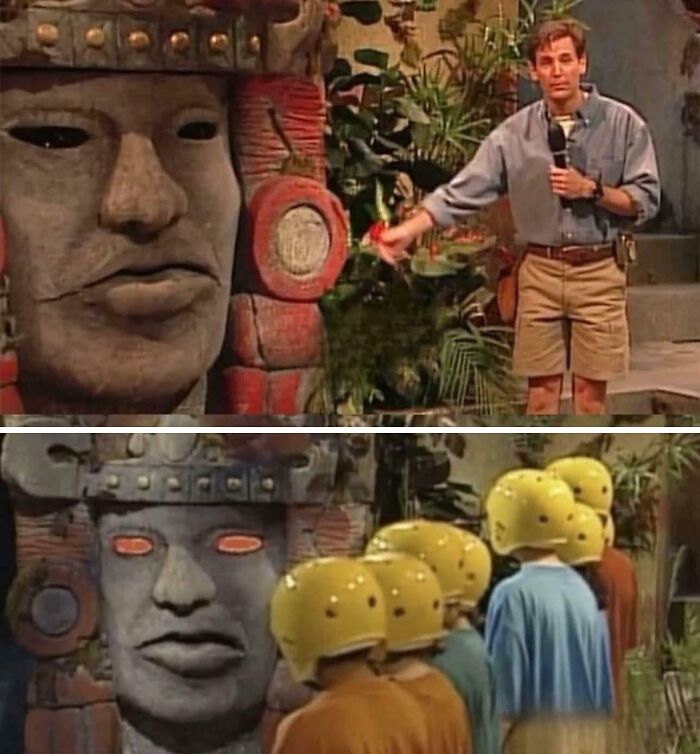 90s nostalgic memes with host and helmeted contestants from game show