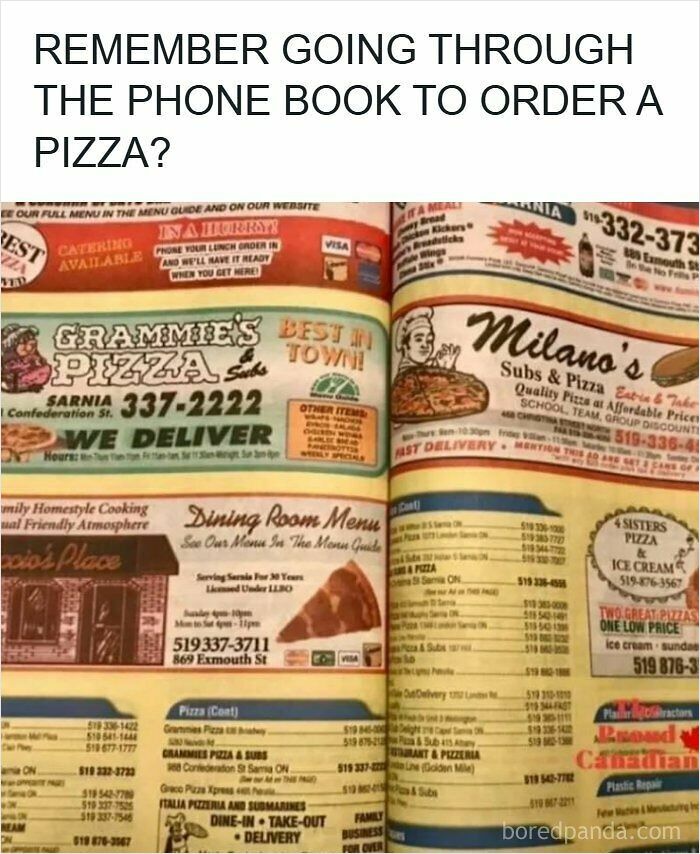90s nostalgic meme about ordering pizza through phone book ads
