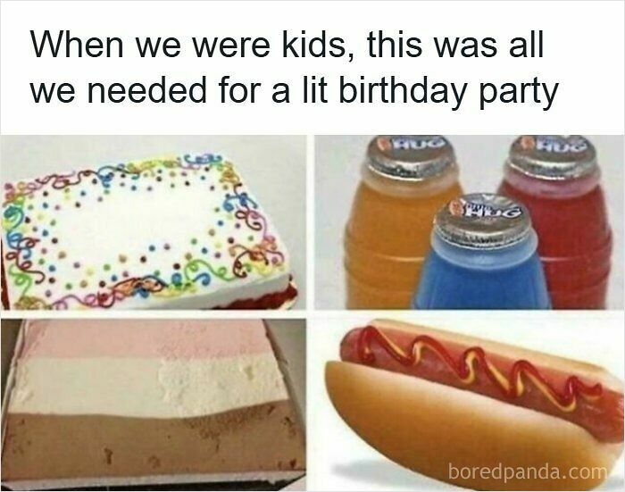 90s nostalgic meme of simple childhood birthday party food and drinks
