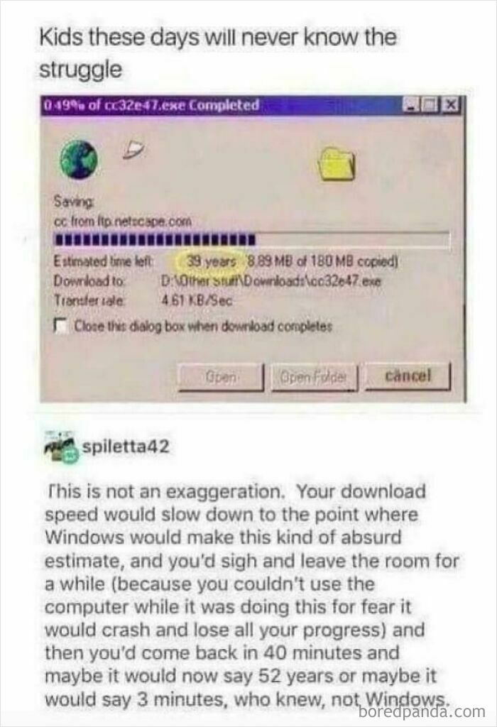 90s nostalgic memes screenshot of slow file download progress with humorous exaggerated time