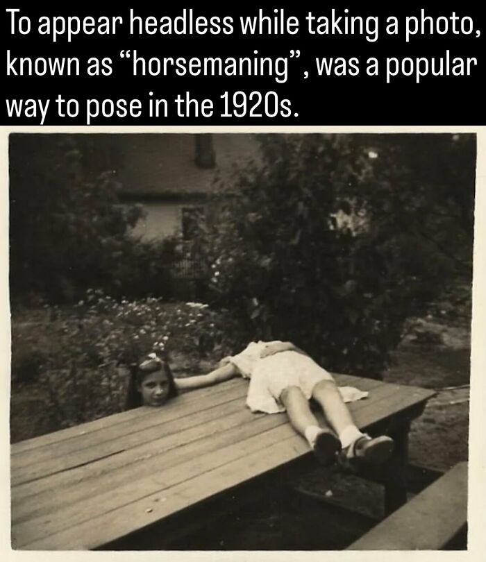 Vintage 1920s photo showing horsemaning pose trick as part of photos and facts about history.