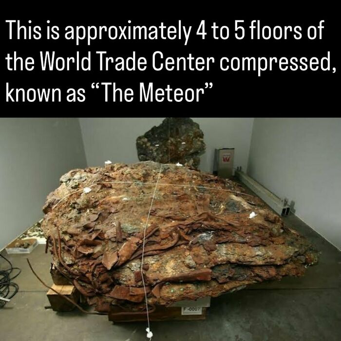 Compressed World Trade Center steel mass called The Meteor among photos and facts about history.