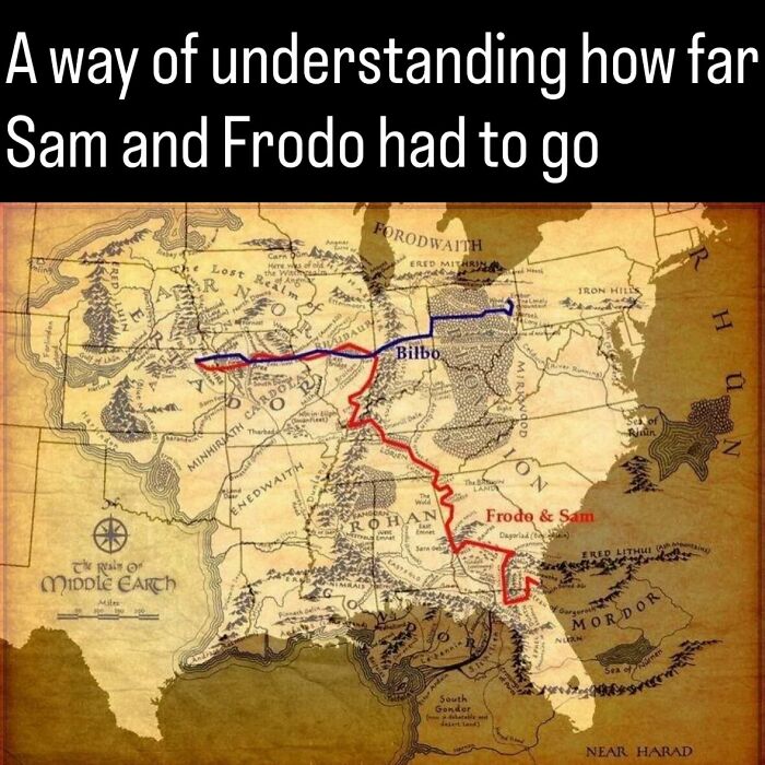 A map overlaying Middle-earth routes onto the United States, showing fascinating photos and facts about history.