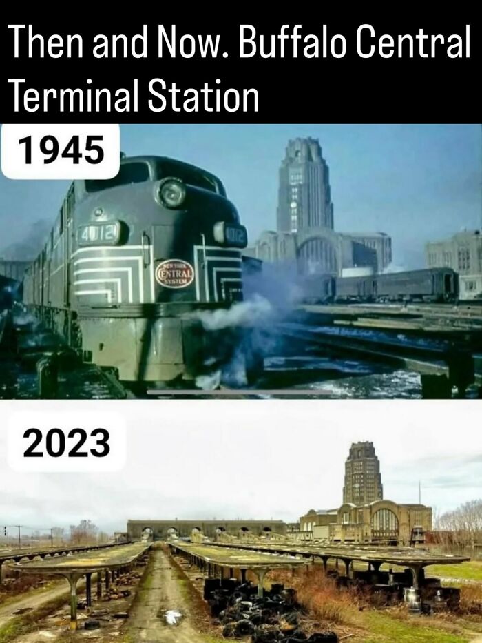 Comparison of Buffalo Central Terminal Station in 1945 and 2023, illustrating fascinating photos and facts about history.