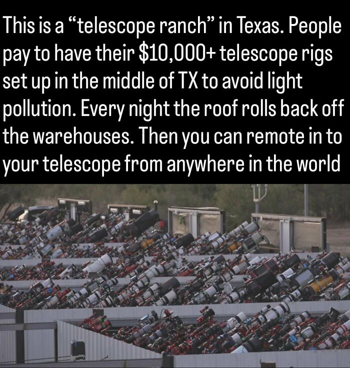 Rows of telescopes at a remote telescope ranch in Texas as part of fascinating photos and facts about history.