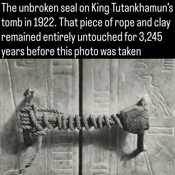 Close-up of the intact 3,200-year-old rope seal on King Tutankhamun's tomb door, a fascinating photo from history.