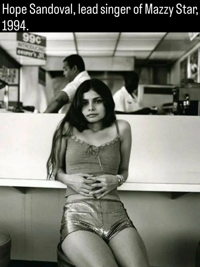 Black and white portrait of Hope Sandoval in 1994, featured in fascinating photos and facts about history.