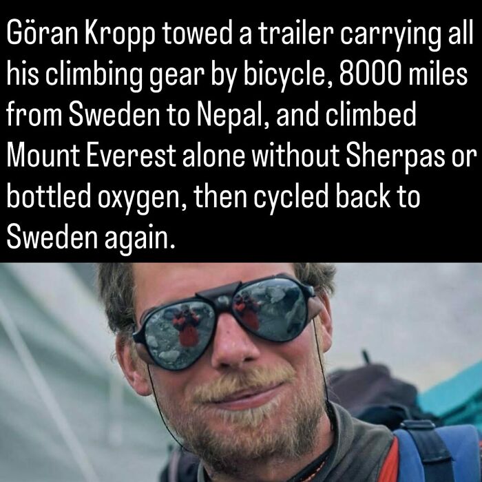 Portrait of adventurer Göran Kropp wearing goggles, illustrating fascinating facts about history.