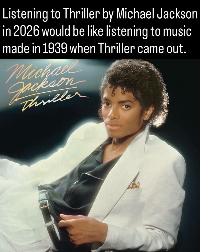 Album cover art for Michael Jackson's Thriller, highlighted among fascinating photos and facts about history.