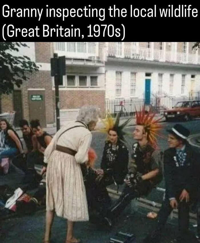 An elderly woman talking to young punks on a street in 1970s Britain, featured in photos and facts about history.