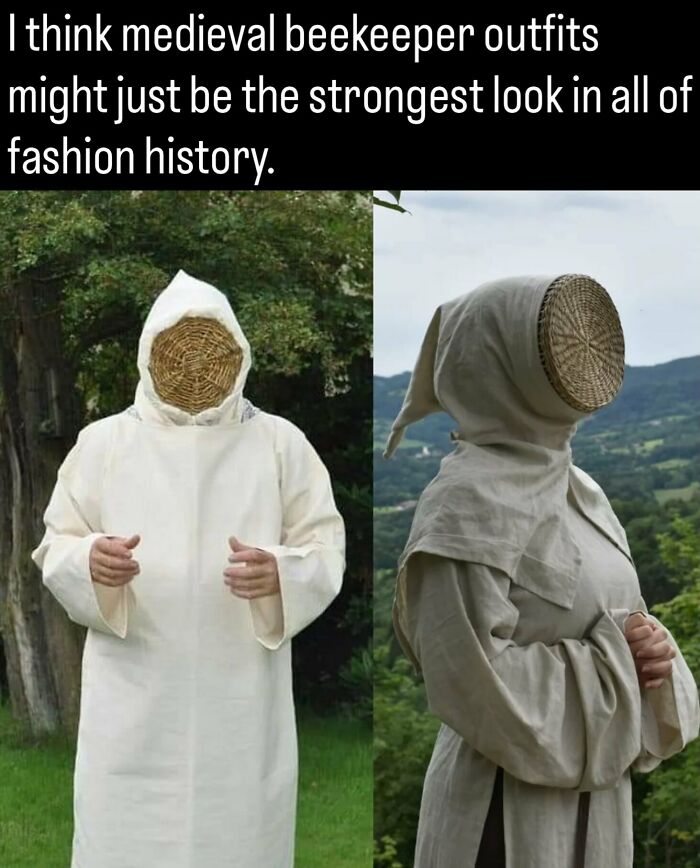 Side-by-side view of medieval beekeeper outfits featured in fascinating photos and facts about history.