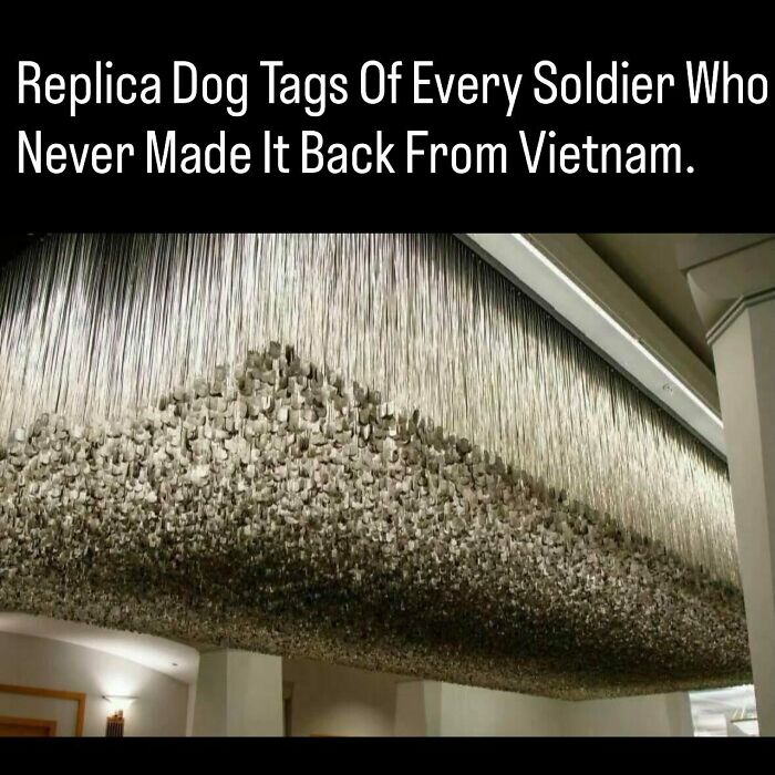 Thousands of hanging dog tags hanging from the ceiling in a art installation showcasing photos and facts about history.