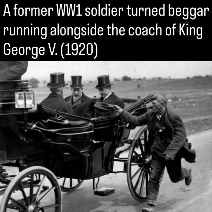 A former WW1 soldier turned beggar runs alongside King George V carriage in 1920, among photos about history.