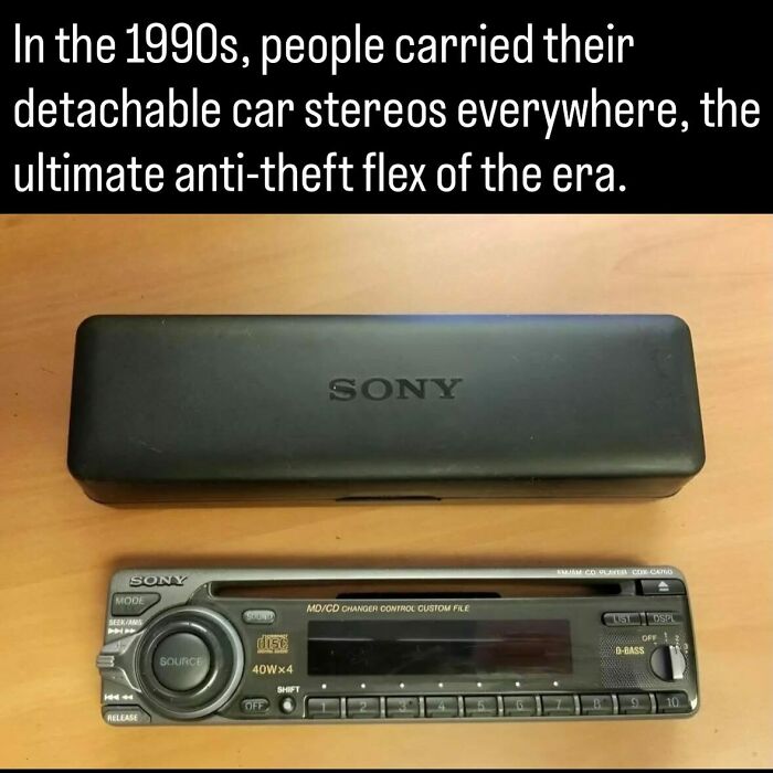 A detachable 1990s Sony car stereo player and its carrying case, capturing unique facts about history.