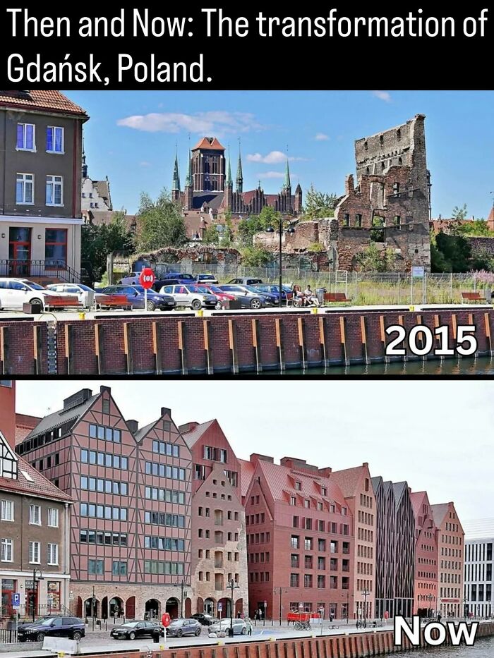 Comparison photos of Gdansk Poland in 2015 versus present day, illustrating facts about history.