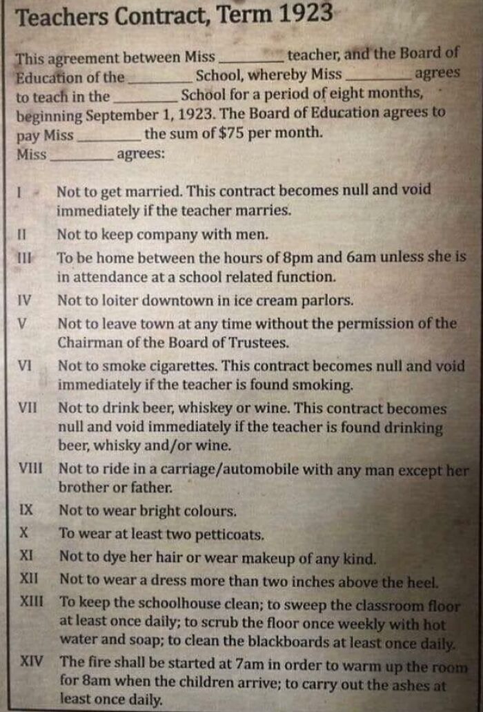 1923 teacher contract listing strict rules and conditions for female teachers