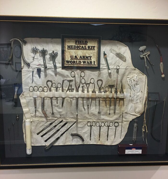 World War I U.S. Army field medical kit with surgical tools displayed