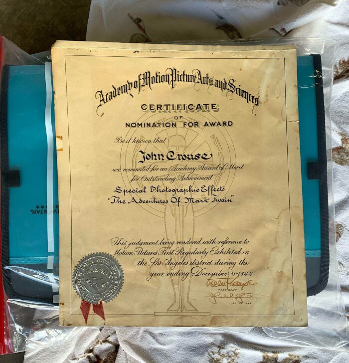 1944 Academy Award nomination certificate for special photographic effects