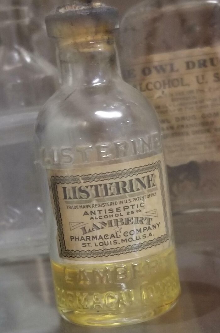 Rare historical photo of an old Listerine antiseptic bottle from Lambert Pharmaceutical