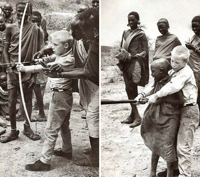 Vintage rare historical photo of a young boy learning archery and baseball from local indigenous people
