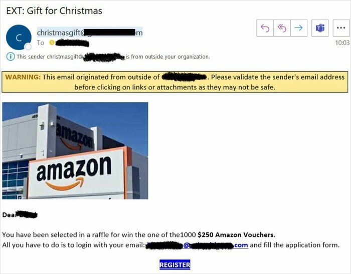 Fake Amazon email scam offering $250 vouchers with a warning banner