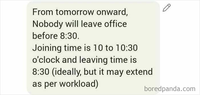 Text message about restrictive and confusing office work hours