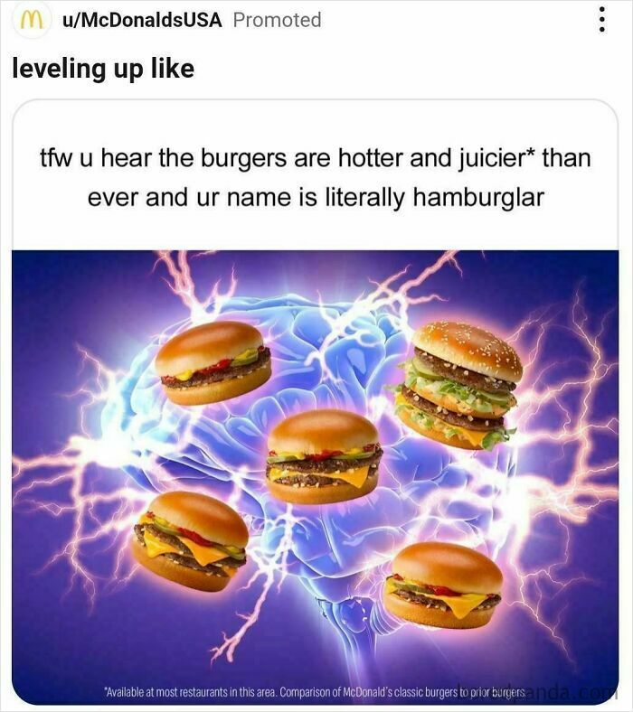 Promoted McDonald's ad showing burgers with humorous 'leveling up' brain background