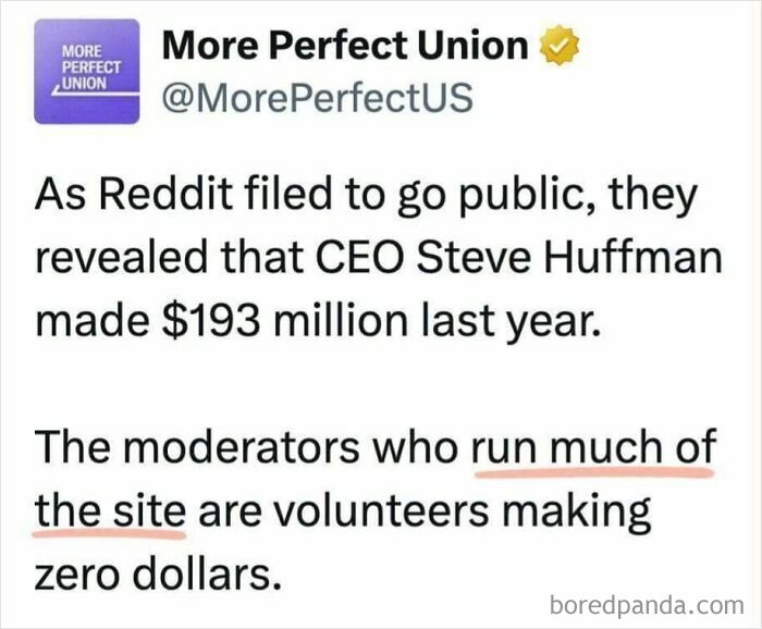 Tweet highlighting Reddit CEO's $193 million salary compared to unpaid volunteer moderators